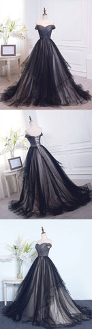Off shoulder black tulle A-line long prom dress, BD4581
