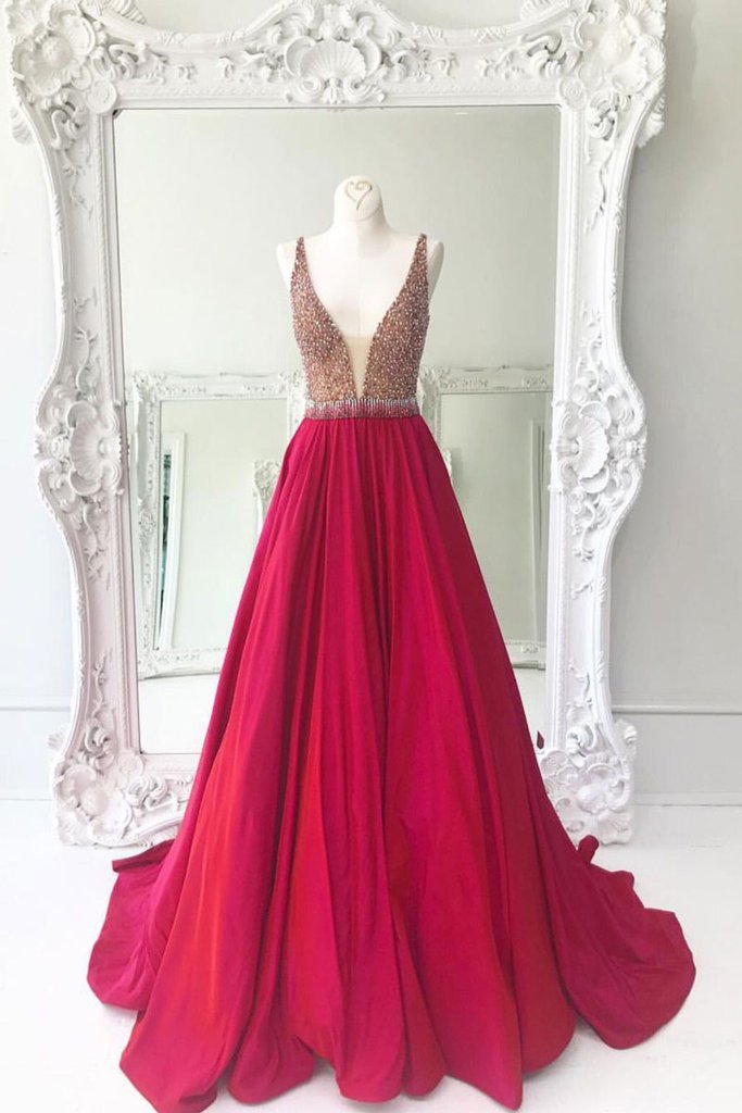 v-neck long red A-line beaded prom dress, PD4488