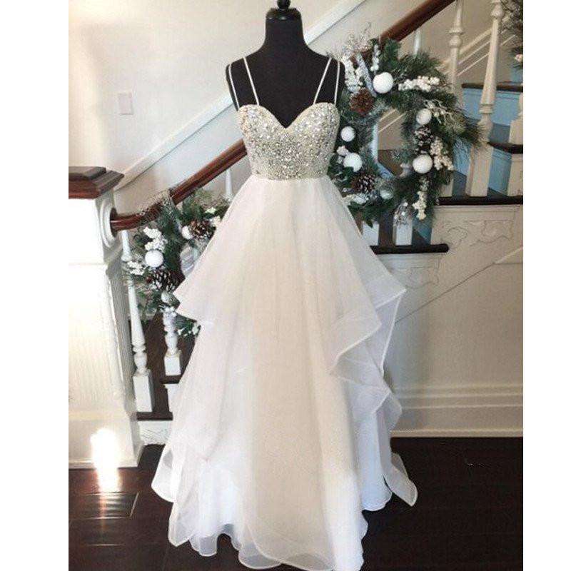 white prom dress, long prom Dress, spaghetti prom dress, fluffy prom dress, prom dress, BD461