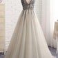 light gray tulle v-neck long tulle sequin top prom dress, PD4492