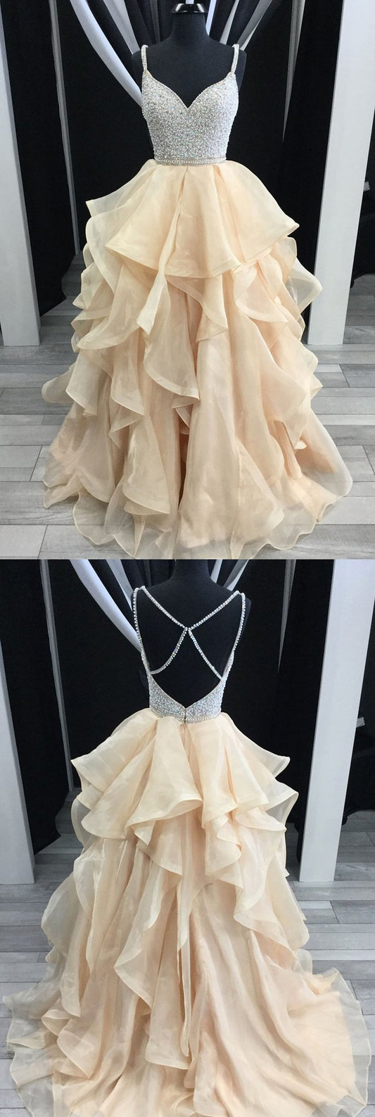 two straps A-line long beaded prom dress, PD2136