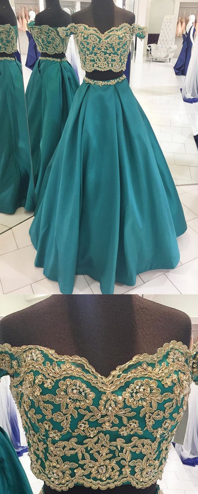 off shoulder A-line green long two pieces prom dress, PD2135