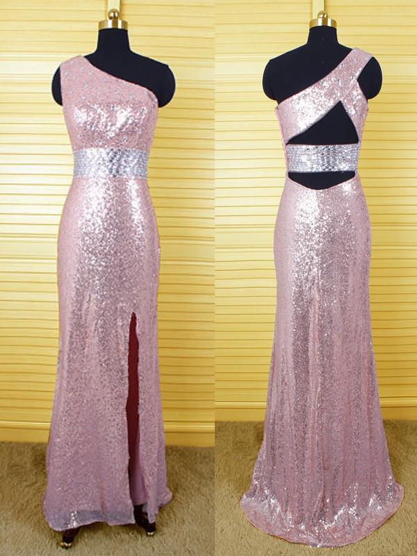 sequin prom dress, long prom dress, rose gold prom dress, one shoulder prom dress, sparkle evening dress, BD0014