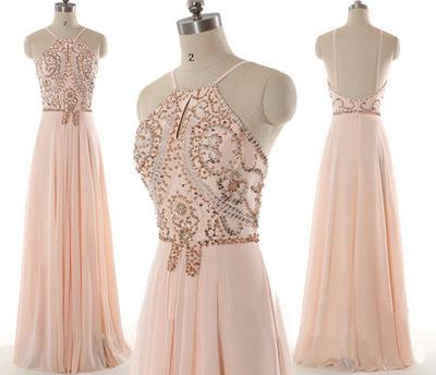 blush pink prom dress, long prom dress, beaded prom dress, chiffon prom dress, evening dress, BD0034