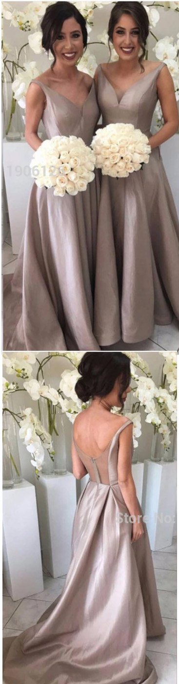 long gray v-neck A-line see through back bridesmaid dresses,BD4140