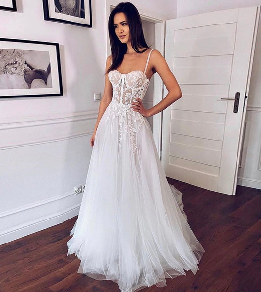 Long White Tulle Lace Wedding Dress,  PD221028