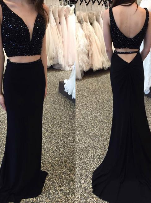 black two pieces v-neck beaded long prom dresses, PD0202