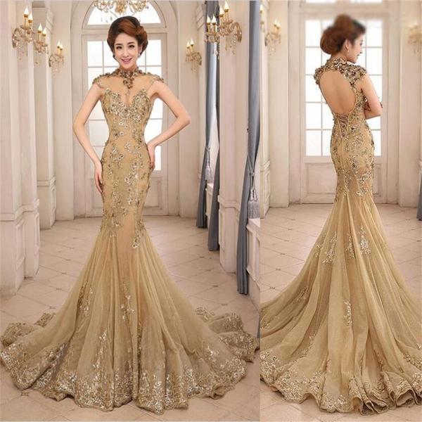 gold prom dress, long prom Dress, mermaid prom dress, open back prom dress, gorgeous prom dress, BD466