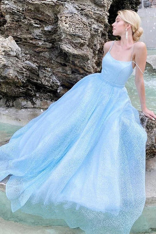 Long Sky Blue Prom Dress with Spaghetti Straps,  PD221029