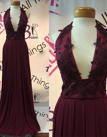 dark burgundy halter v-neck long prom dress with lace appliques , PD1289