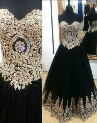 floor- length black sweetheart A-line tulle prom dress, PD45671