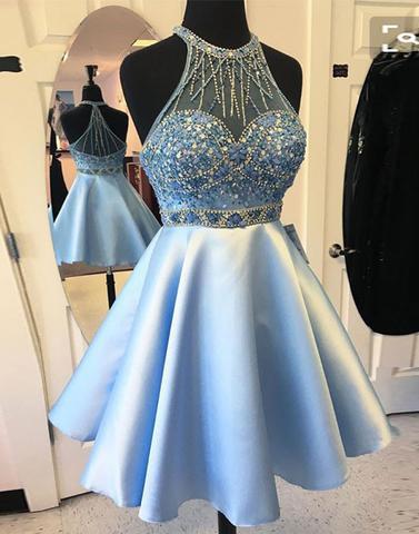 light blue homecoming dress, short prom dress, beaded homecoming dress, A-line homecoming dress, BD39010