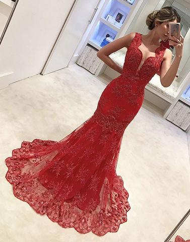 red lace mermaid long charming formal prom dress, PD1469