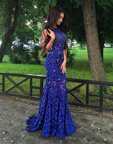 royal blue prom dress, lace prom dress, beaded prom dress, open back prom dress, mermaid prom dress, BD2646