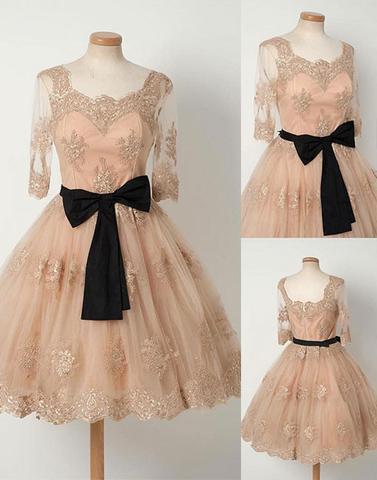 lace homecoming dress, short homecoming dress, mid-sleeves prom dress, homecoming dress, pink homecoming dress, BD3990