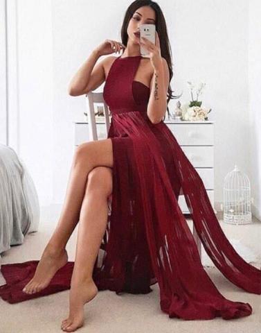 burgundy sexy halter chiffon long 2017 prom dress with slit,PD2259
