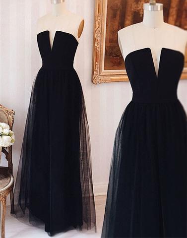black prom dress, long prom dress, tulle prom dress, strapless prom dress, evening dress, BD25634