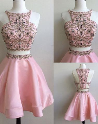 beaded homecoming dress, short homecoming dress, prom dress, pink homecoming dress, two pieces homecoming dress, BD3906