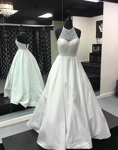 formal halter A-line White beaded long prom dress, PD8574