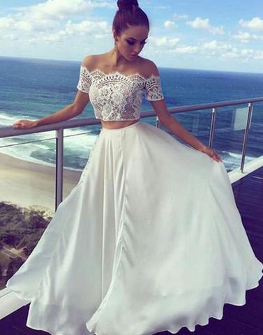 two pieces off shoulder short sleeves white lace top long prom dress, PD2543