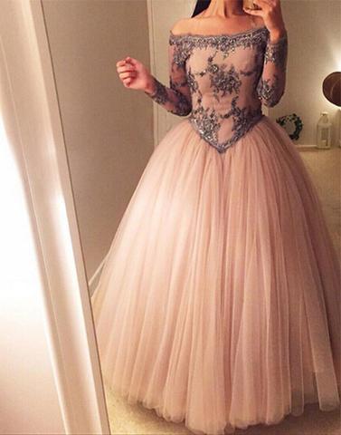 off shoulder floor-length tulle long sleeves tulle prom dress , PD1290