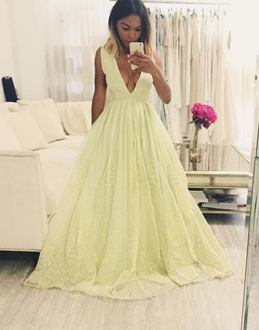 yellow prom dress, A-line prom dress, long prom dress, v-neck prom dress, prom dress, BD12646