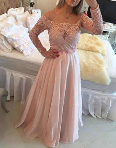 blush pink long sleeves long prom dress, evening gown, PD45675