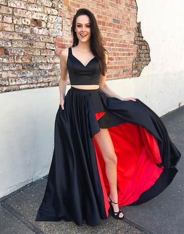 2020 new stylish two pieces black side slit prom dresses, PD6576