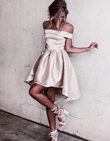 off shoulder short hi-lo satin homecoming dress, BD39001