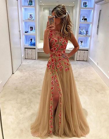 long side slit tulle prom dress with flower appliques, PD1291