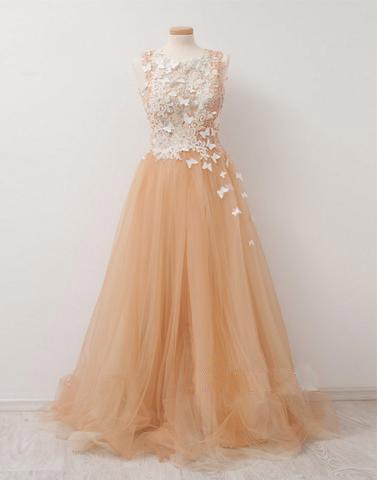 tulle long A-line scoop prom dress with appliques, PD1287