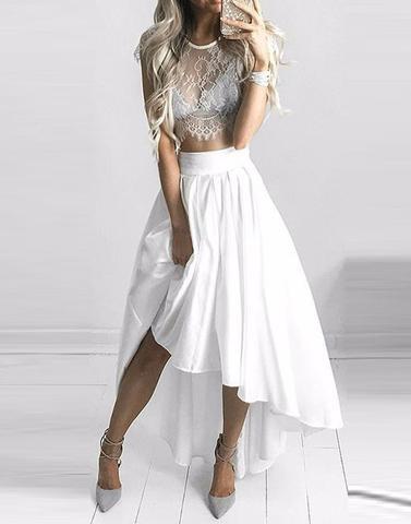 white two pieces hi-lo lace top prom dress, PD45691