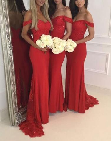 red off-shoulder long Bridesmaid Dress,Elegant Bridesmaid Dress, BD1647
