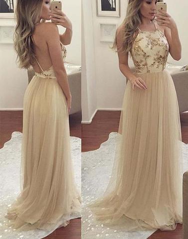 long tulle spaghetti straps prom dress, BD2642