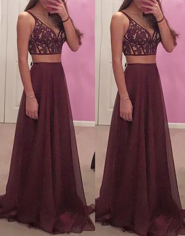 two pieces prom dress, burgundy prom dress, beaded prom dress, prom dress, v-neck prom dress, BD2643