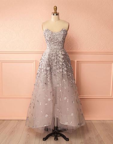 hi-lo strapless A-line light grey charming party prom dress, PD6571