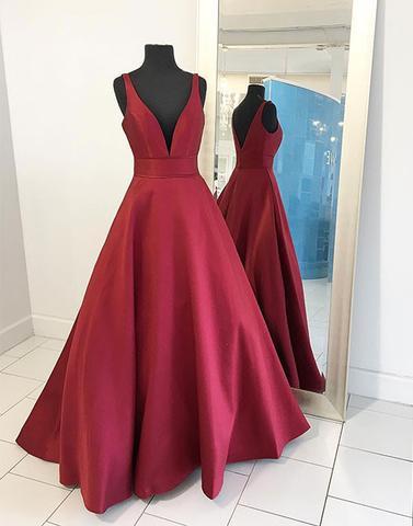 burgundy v-neck A-line satin long prom dress, PD45690