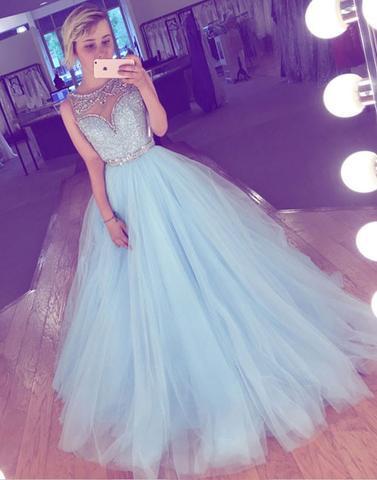 sky blue prom dress, long prom dress, tulle prom dress, A-line prom dress, prom gown, BD25638