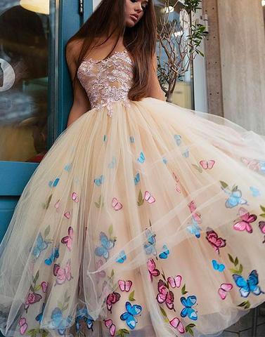 tulle strapless A-line appliques long prom dress, PD6546