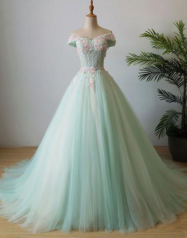 charming lace up back off shoulder A-line tulle long mint prom dress, PD87415