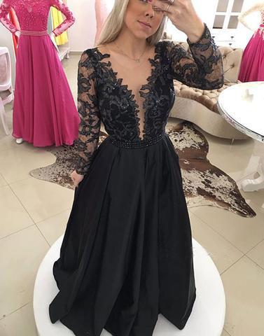 black long sleeves floor-length prom dress,evening gown, PD5674