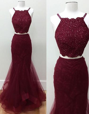 burgundy two pieces floor-length mermaid prom dress, PD1308
