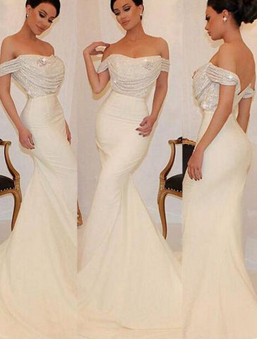 white long off shoulder mermaid sequin top charming prom dress, PD5265