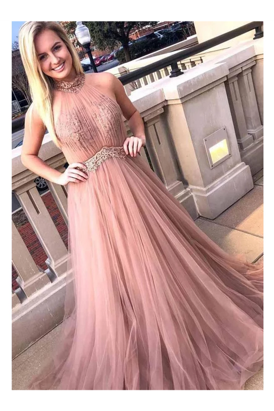 Chic Halter Formal Prom Dress Tulle Appliques A Line Evening Dress,JL20006