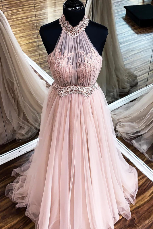 Chic Halter Formal Prom Dress Tulle Appliques A Line Evening Dress,JL20006