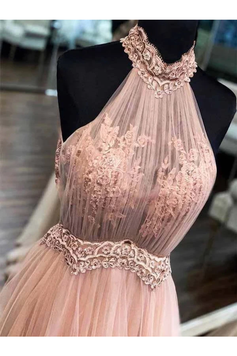 Chic Halter Formal Prom Dress Tulle Appliques A Line Evening Dress,JL20006