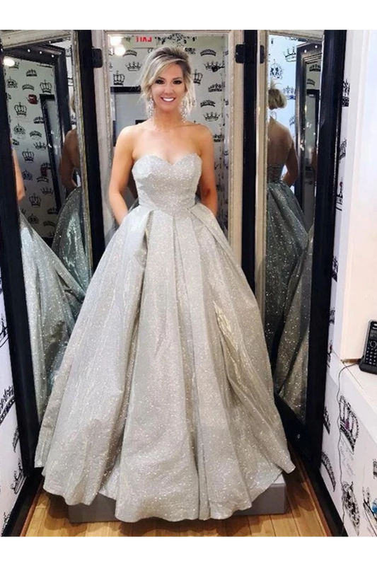 Sparkly A-Line Sweetheart Silver Long Prom Dress With Pockets,JL20009