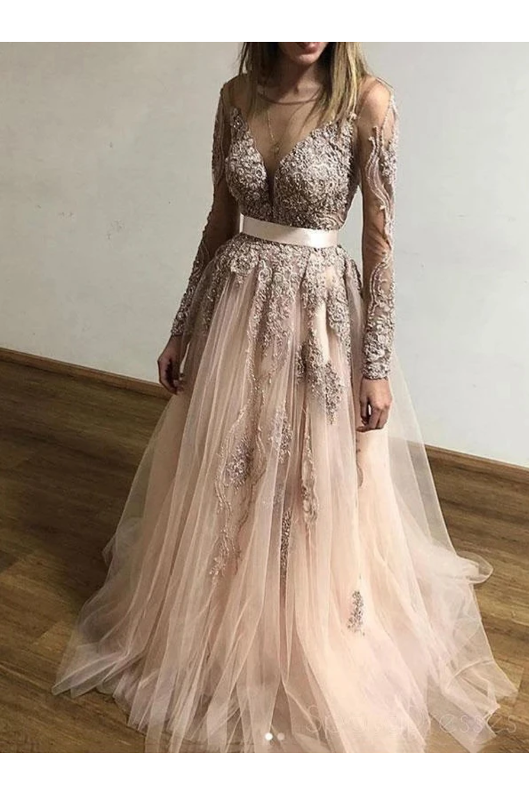 Sheer Round Neck Appliques Long Sleeves Tulle Prom Party Dresses,JL20010