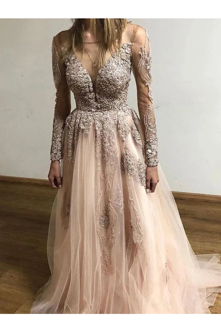 Sheer Round Neck Appliques Long Sleeves Tulle Prom Party Dresses,JL20010