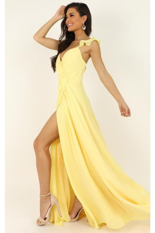 Daffodil Yellow High Slit Ruffle Straps Chiffon A Line Long Prom,JL20011